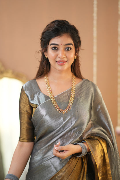 Raag Varnam Gold–Silver Handloom Tissue Saree with Designer Blouse