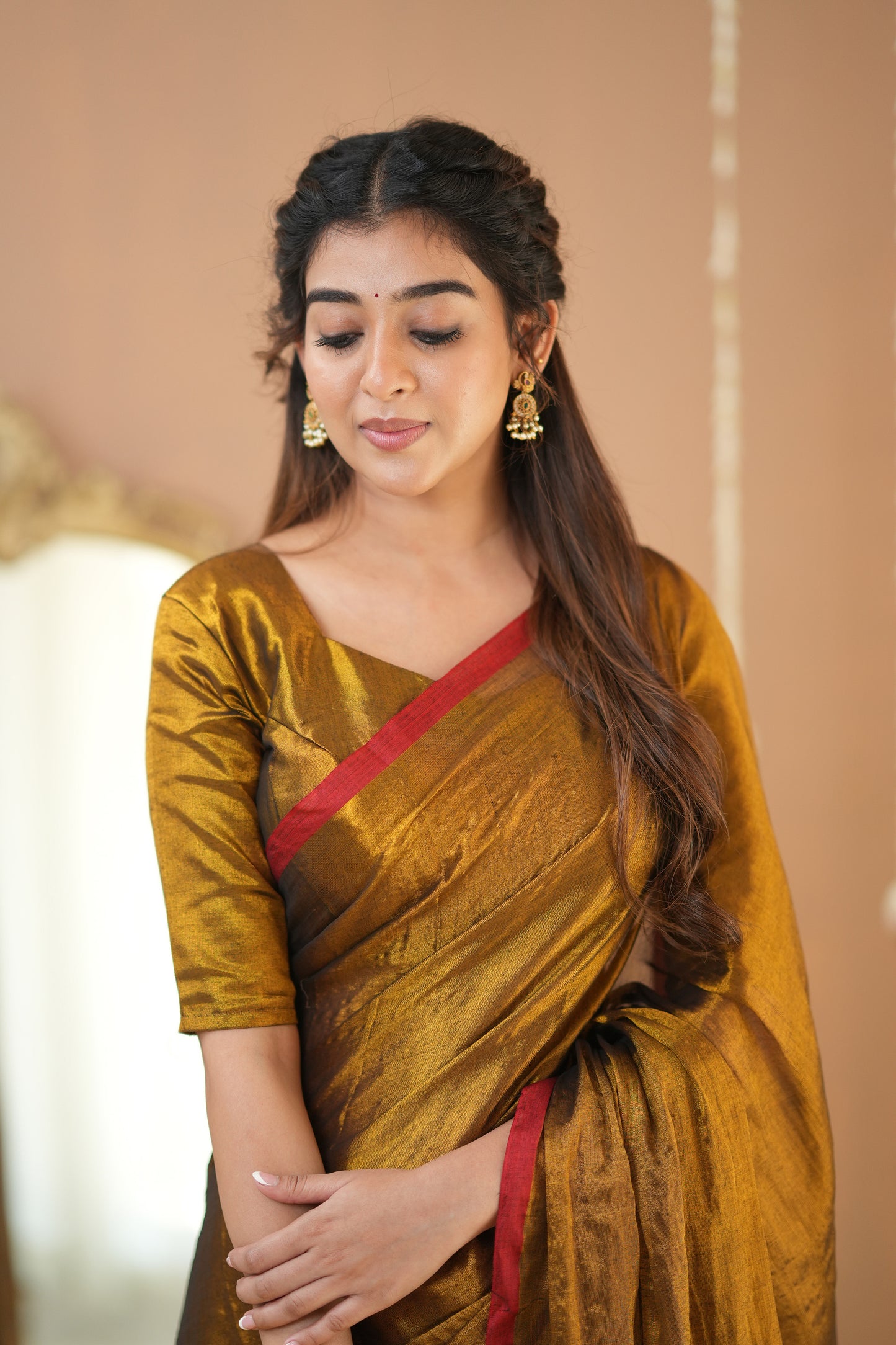 Raag Varnam Gold Handloom Tissue Saree with Designer Blouse