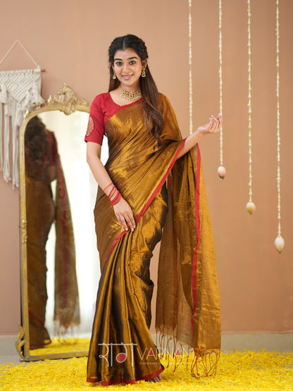Raag Varnam Gold Handloom Tissue Saree With Designer Blouse