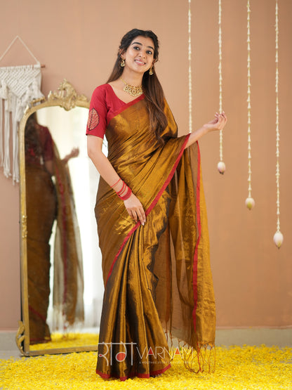 Raag Varnam Gold Handloom Tissue Saree With Designer Blouse