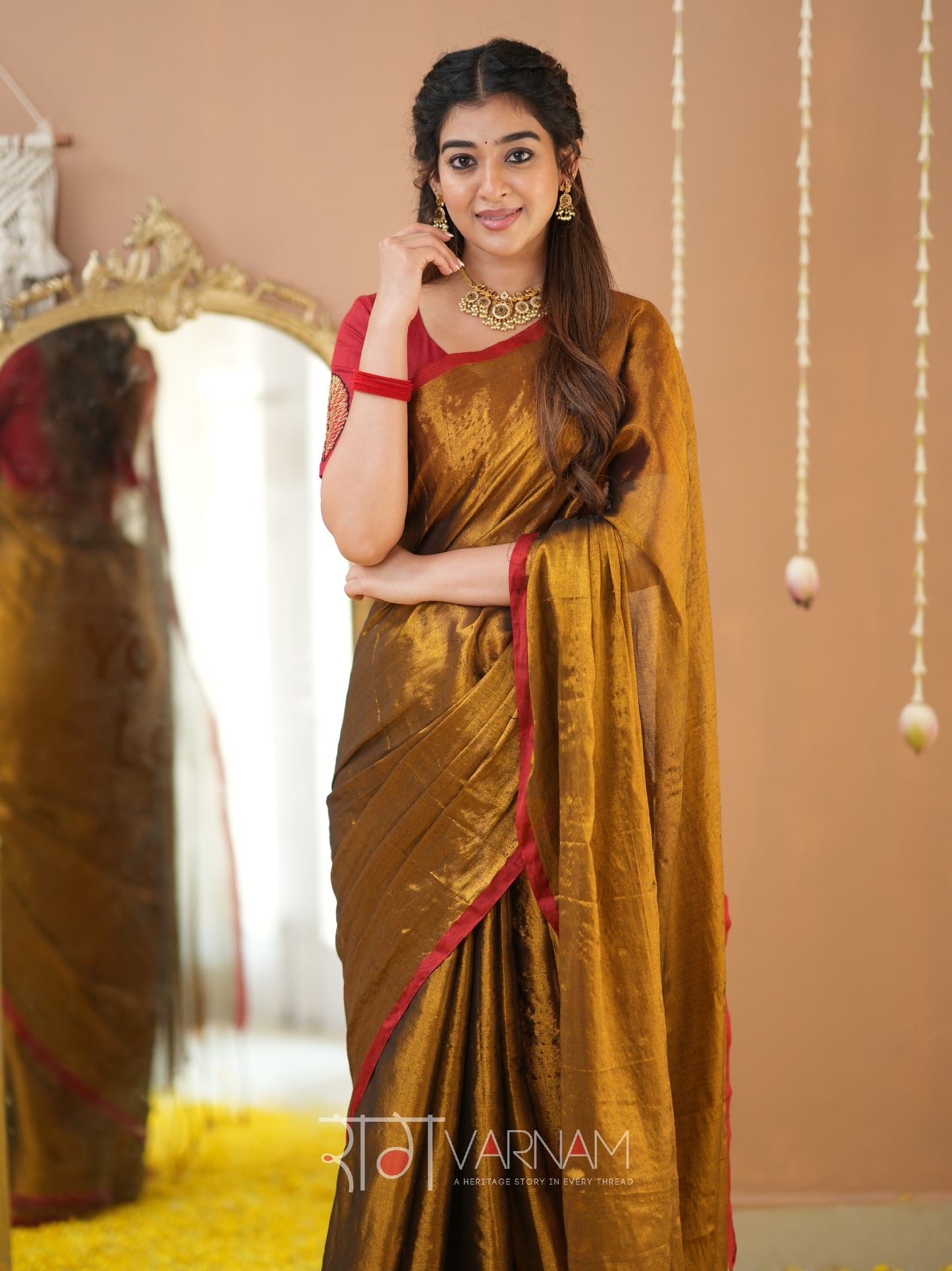 Raag Varnam Gold Handloom Tissue Saree With Designer Blouse