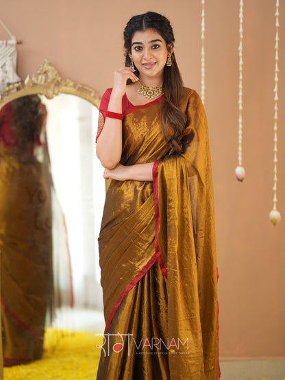 Raag Varnam Gold Handloom Tissue Saree With Designer Blouse