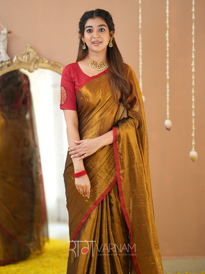 Raag Varnam Gold Handloom Tissue Saree With Designer Blouse