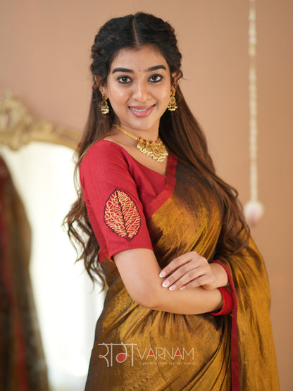 Raag Varnam Gold Handloom Tissue Saree With Designer Blouse