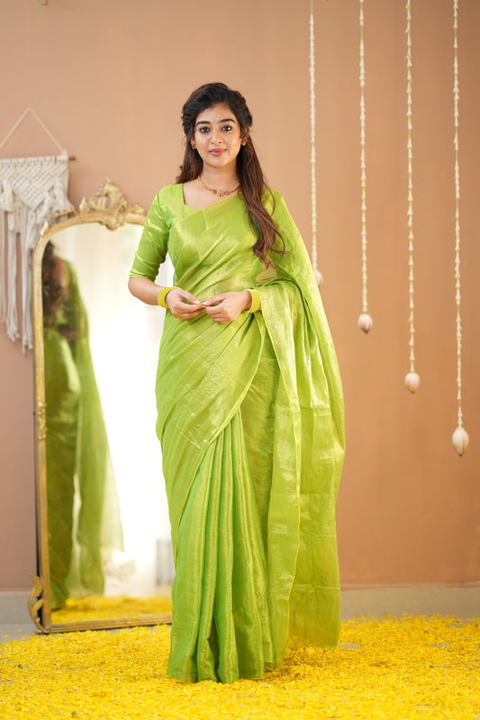 Raag Varnam Pista Green Handloom Tissue Saree with Designer Blouse