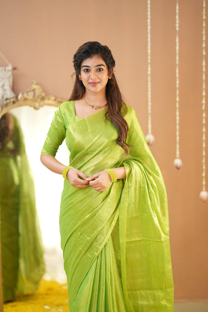 Raag Varnam Pista Green Handloom Tissue Saree with Designer Blouse