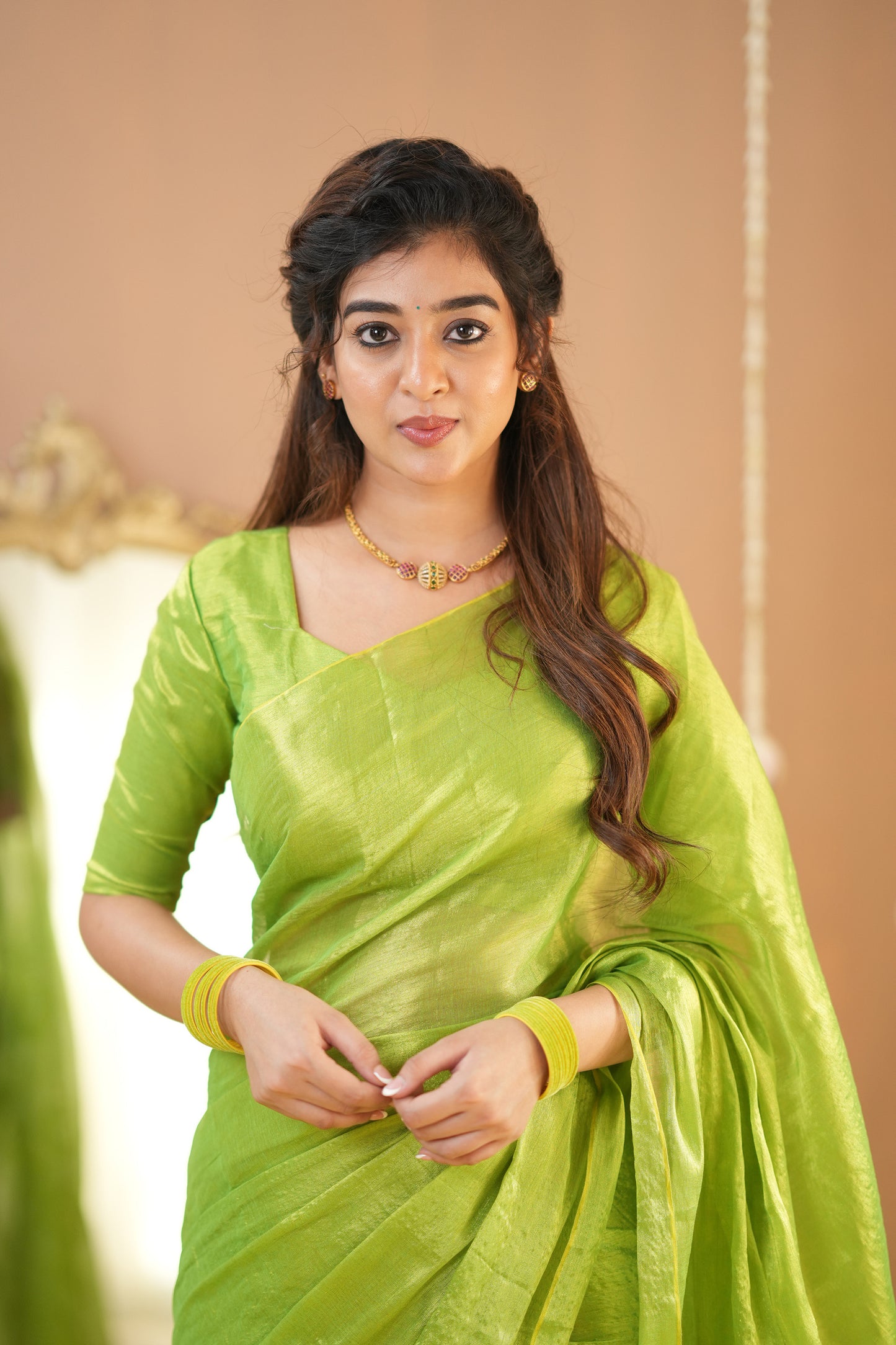 Raag Varnam Pista Green Handloom Tissue Saree with Designer Blouse