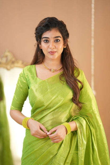 Raag Varnam Pista Green Handloom Tissue Saree with Designer Blouse