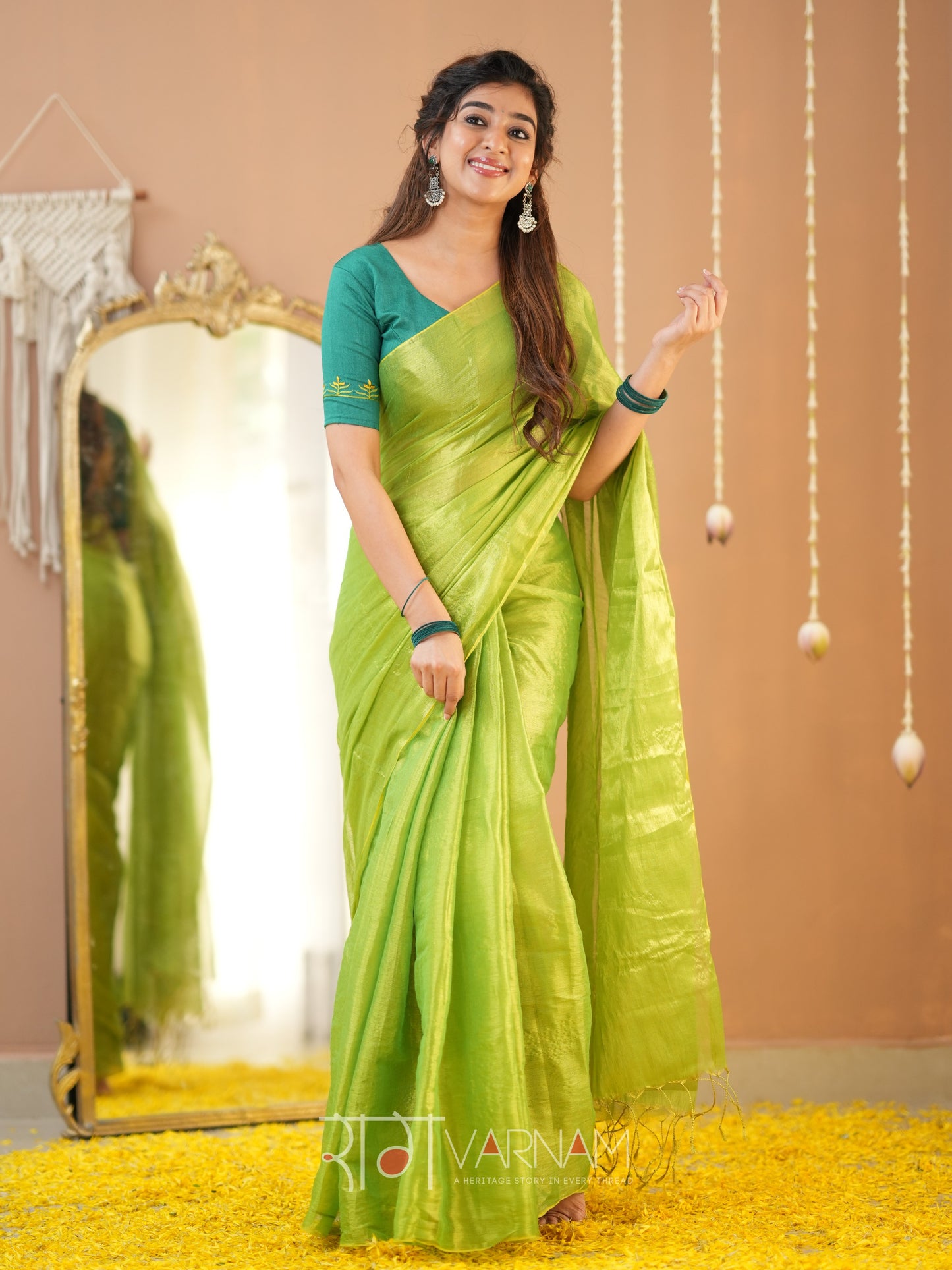 Raag Varnam Pista Green Handloom Tissue Saree With Designer Blouse