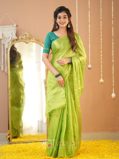 Raag Varnam Pista Green Handloom Tissue Saree With Designer Blouse