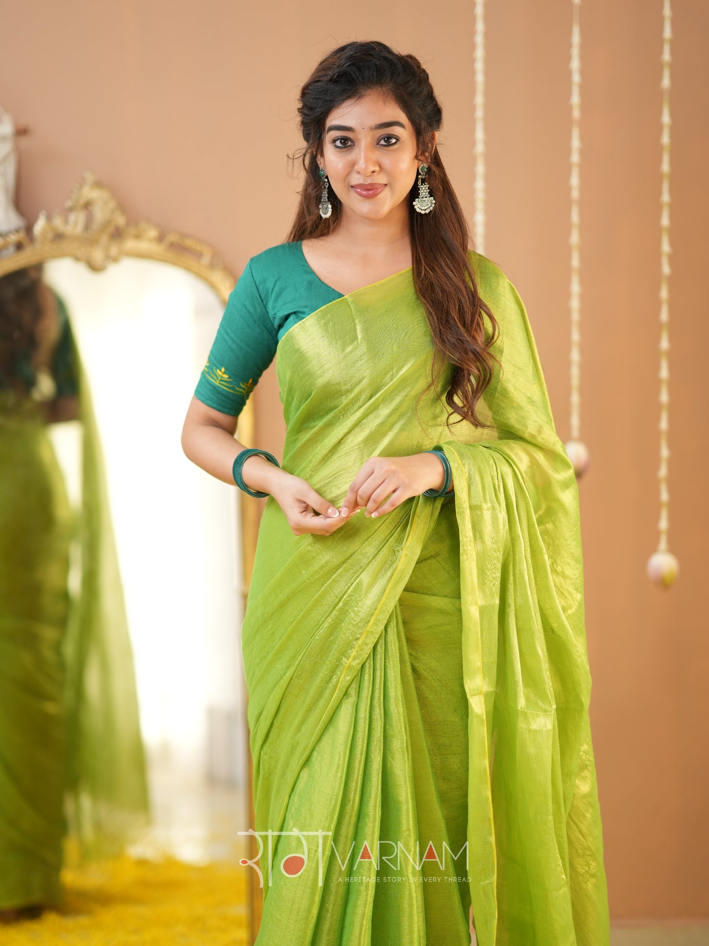 Raag Varnam Pista Green Handloom Tissue Saree With Designer Blouse