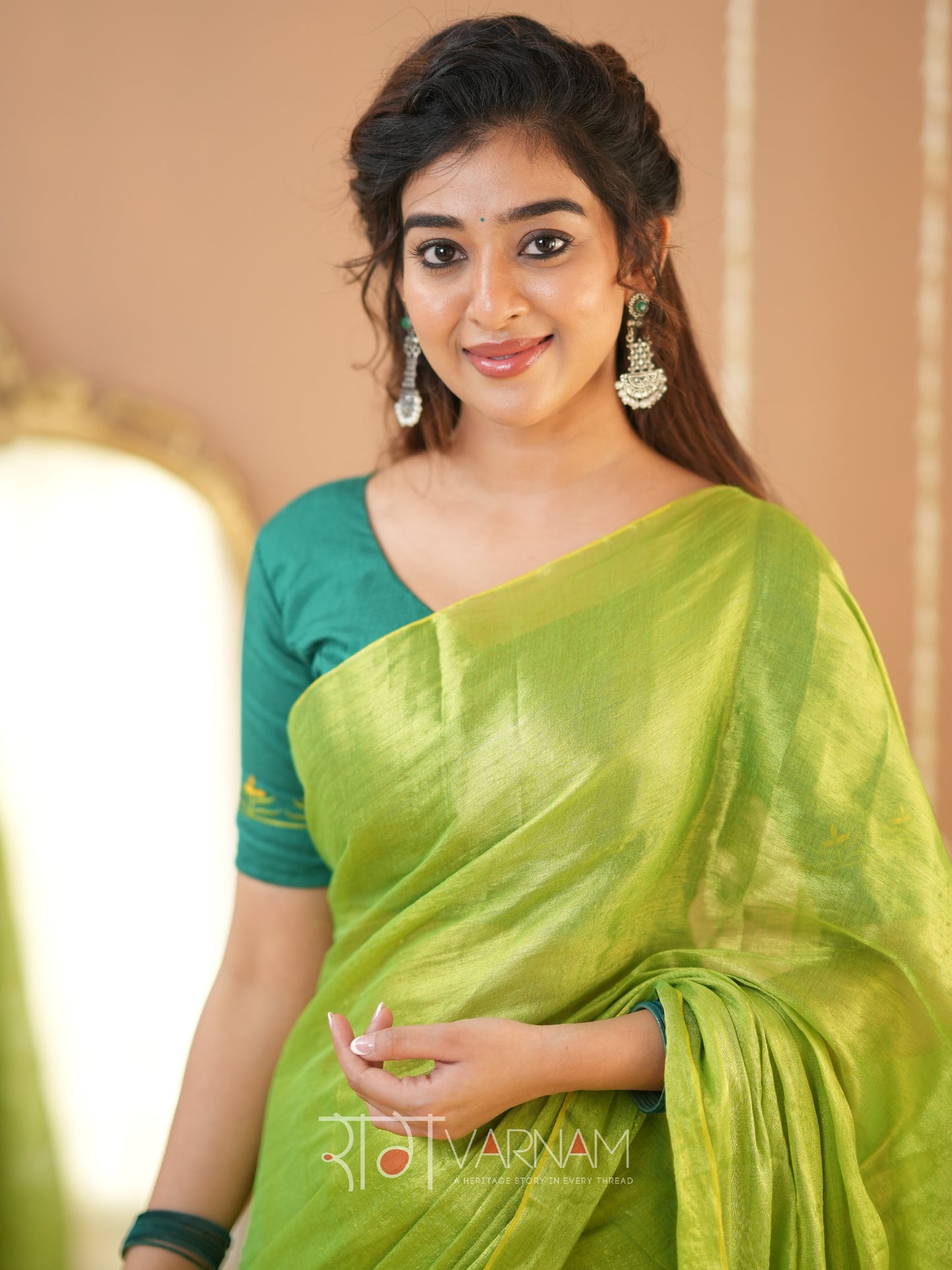 Raag Varnam Pista Green Handloom Tissue Saree With Designer Blouse