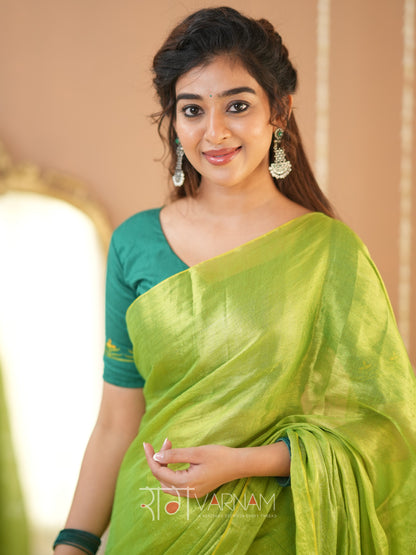 Raag Varnam Pista Green Handloom Tissue Saree With Designer Blouse