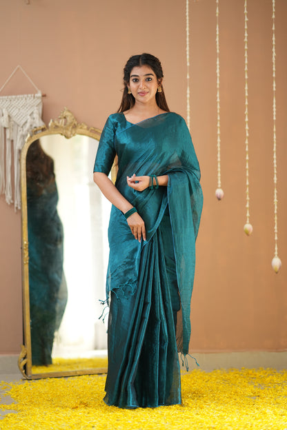 Raag Varnam Teal Green Handloom Tissue Saree with Designer Blouse