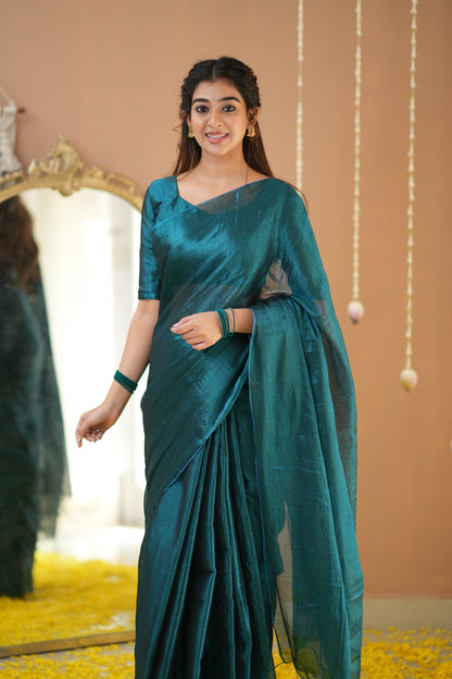 Raag Varnam Teal Green Handloom Tissue Saree with Designer Blouse