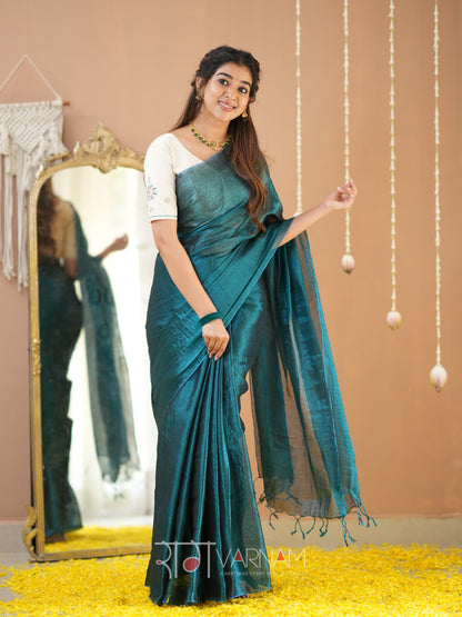 Raag Varnam Teal Green Handloom Tissue Saree With Designer Blouse