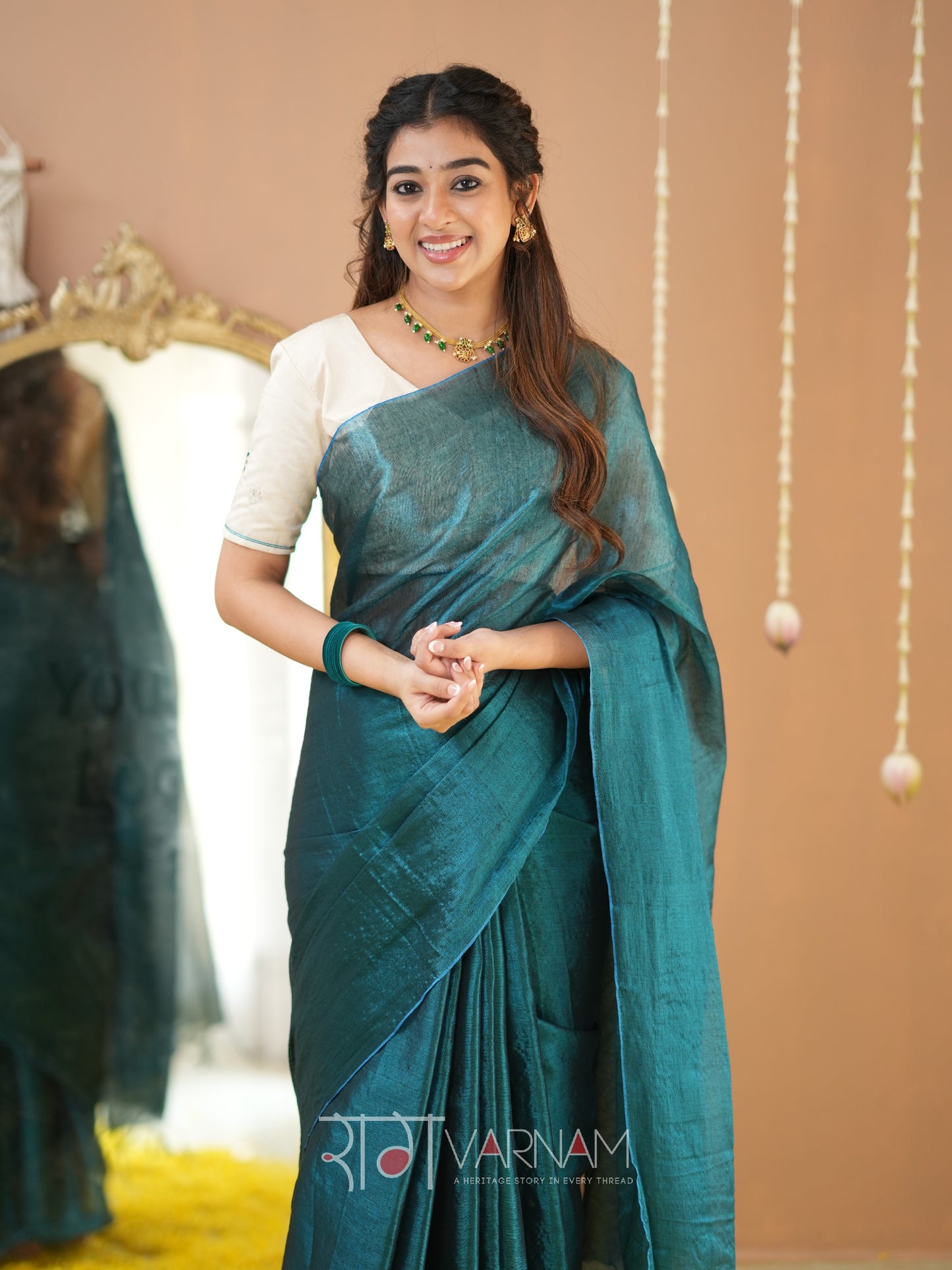 Raag Varnam Teal Green Handloom Tissue Saree With Designer Blouse