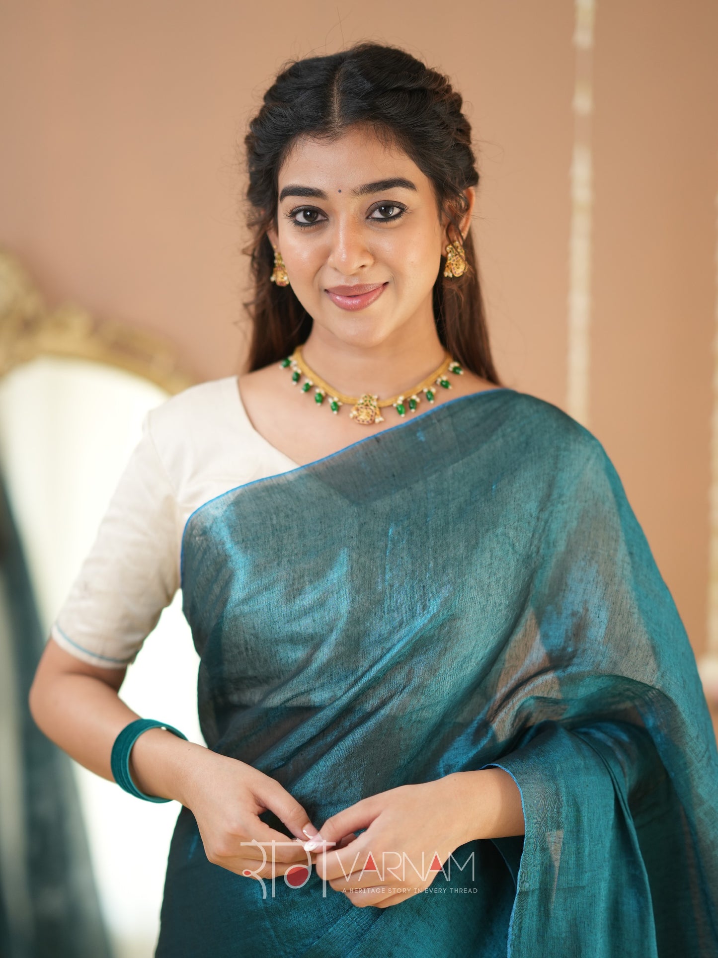 Raag Varnam Teal Green Handloom Tissue Saree With Designer Blouse