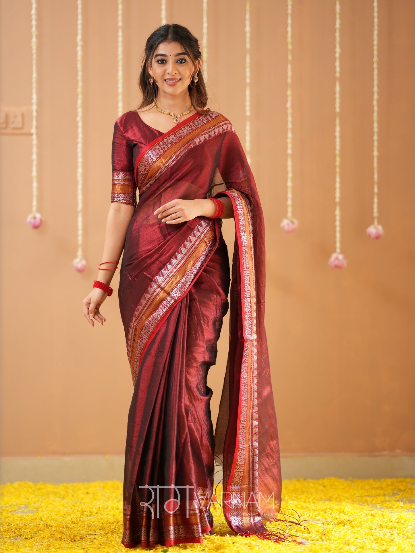 Raag Varnam Maroon Handloom Tissue Saree With Designer Blouse