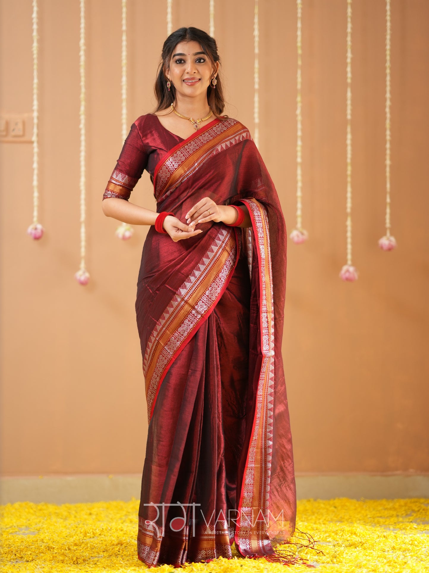 Raag Varnam Maroon Handloom Tissue Saree With Designer Blouse