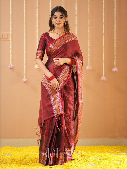 Raag Varnam Maroon Handloom Tissue Saree With Designer Blouse