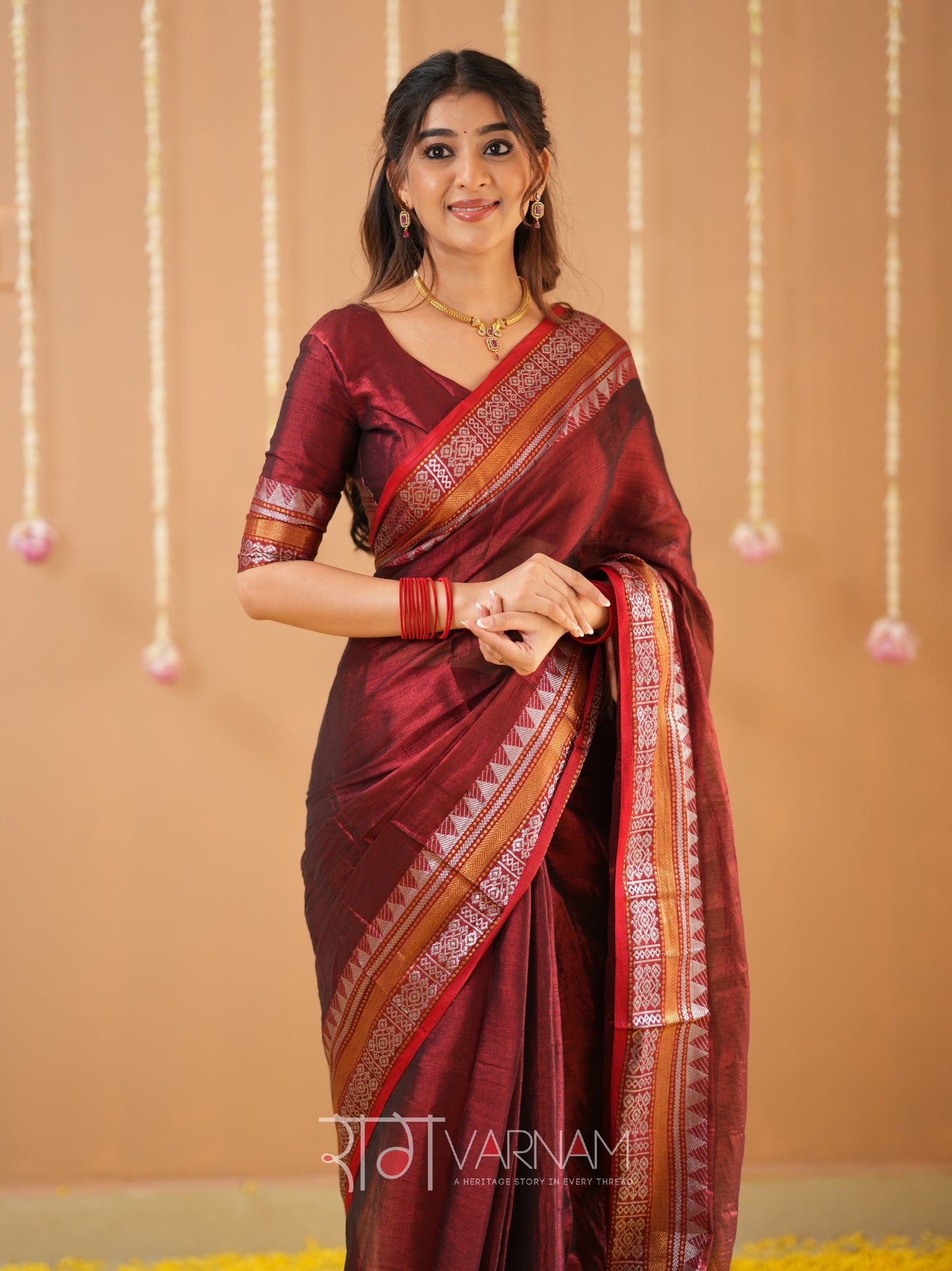 Raag Varnam Maroon Handloom Tissue Saree With Designer Blouse