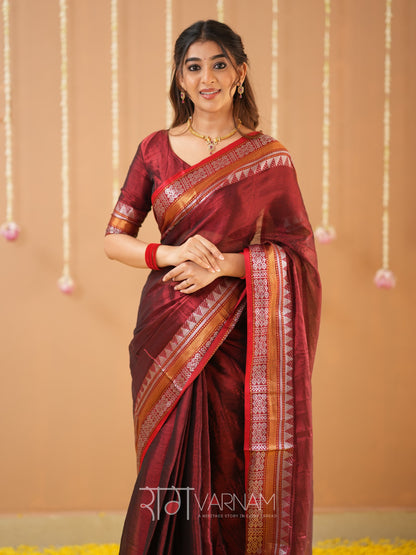 Raag Varnam Maroon Handloom Tissue Saree With Designer Blouse