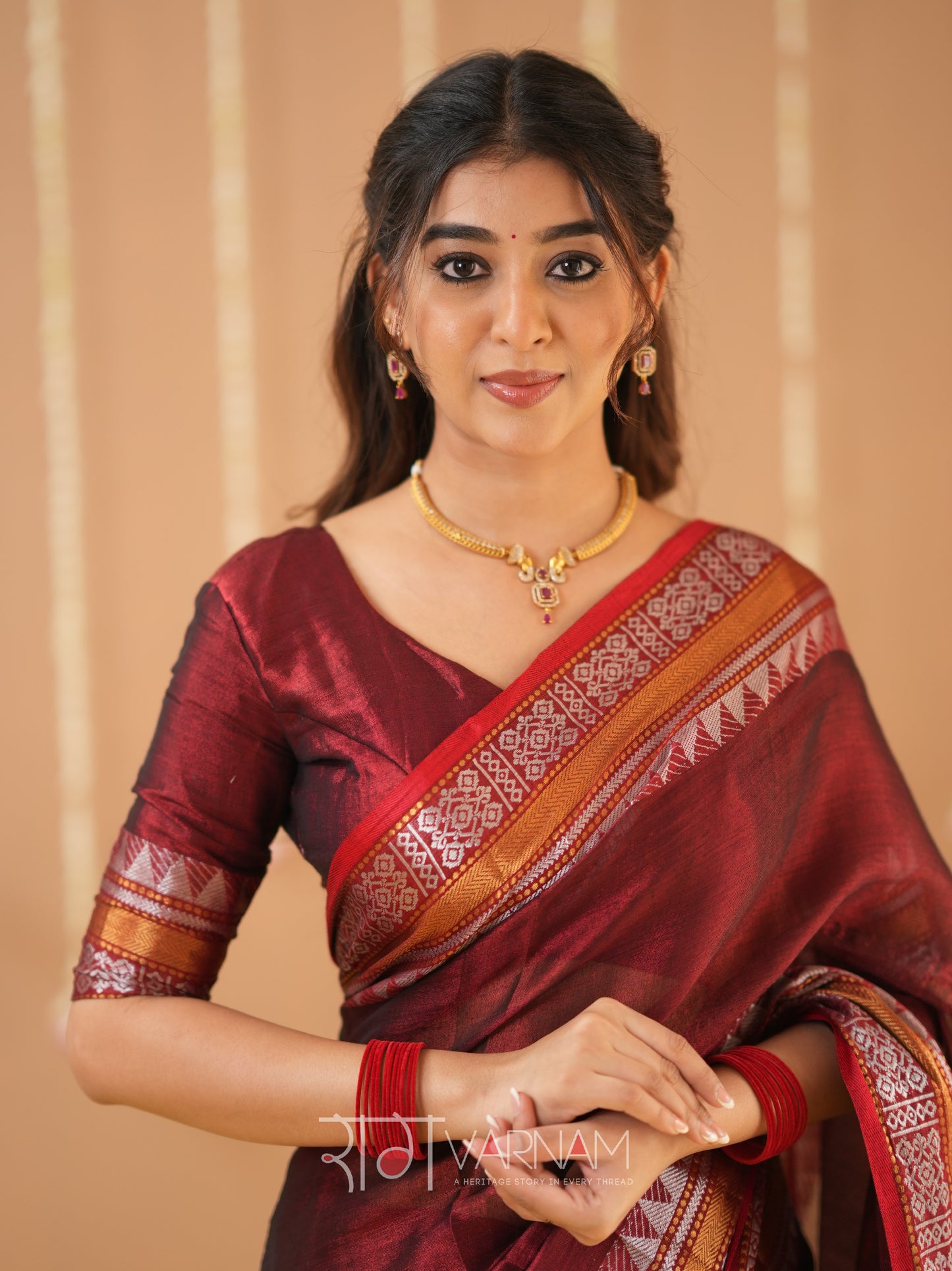 Raag Varnam Maroon Handloom Tissue Saree With Designer Blouse