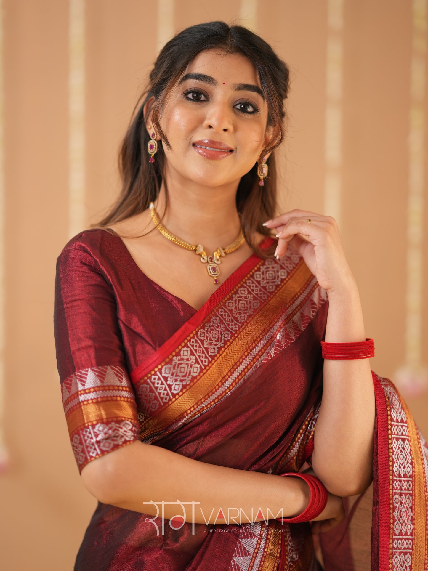 Raag Varnam Maroon Handloom Tissue Saree With Designer Blouse