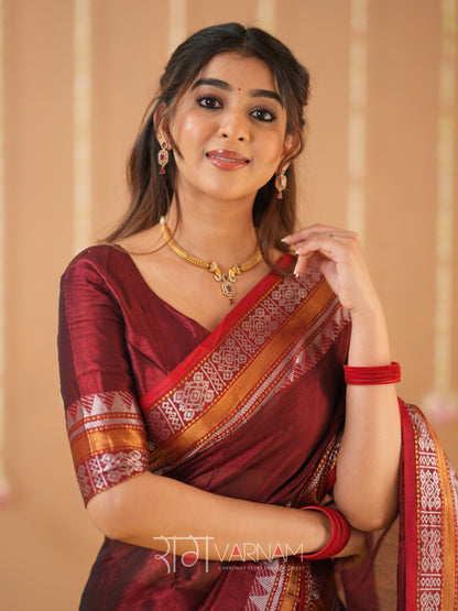 Raag Varnam Maroon Handloom Tissue Saree With Designer Blouse