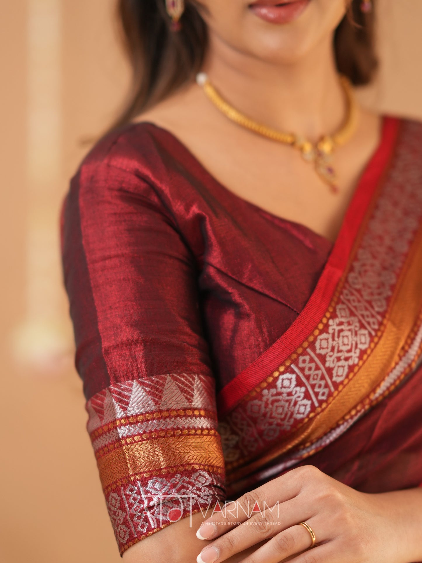 Raag Varnam Maroon Handloom Tissue Saree With Designer Blouse