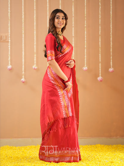 Raag Varnam Red Handloom Tissue Saree With Designer Blouse