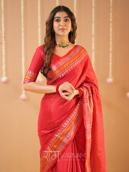 Raag Varnam Red Handloom Tissue Saree With Designer Blouse
