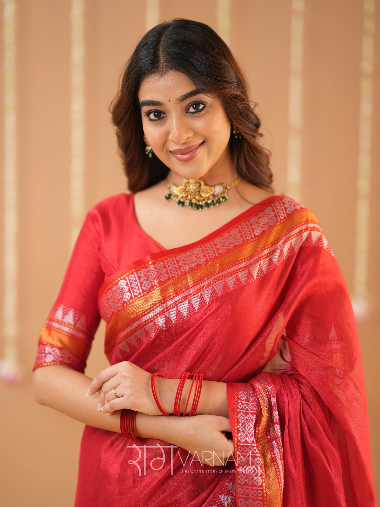 Raag Varnam Red Handloom Tissue Saree With Designer Blouse
