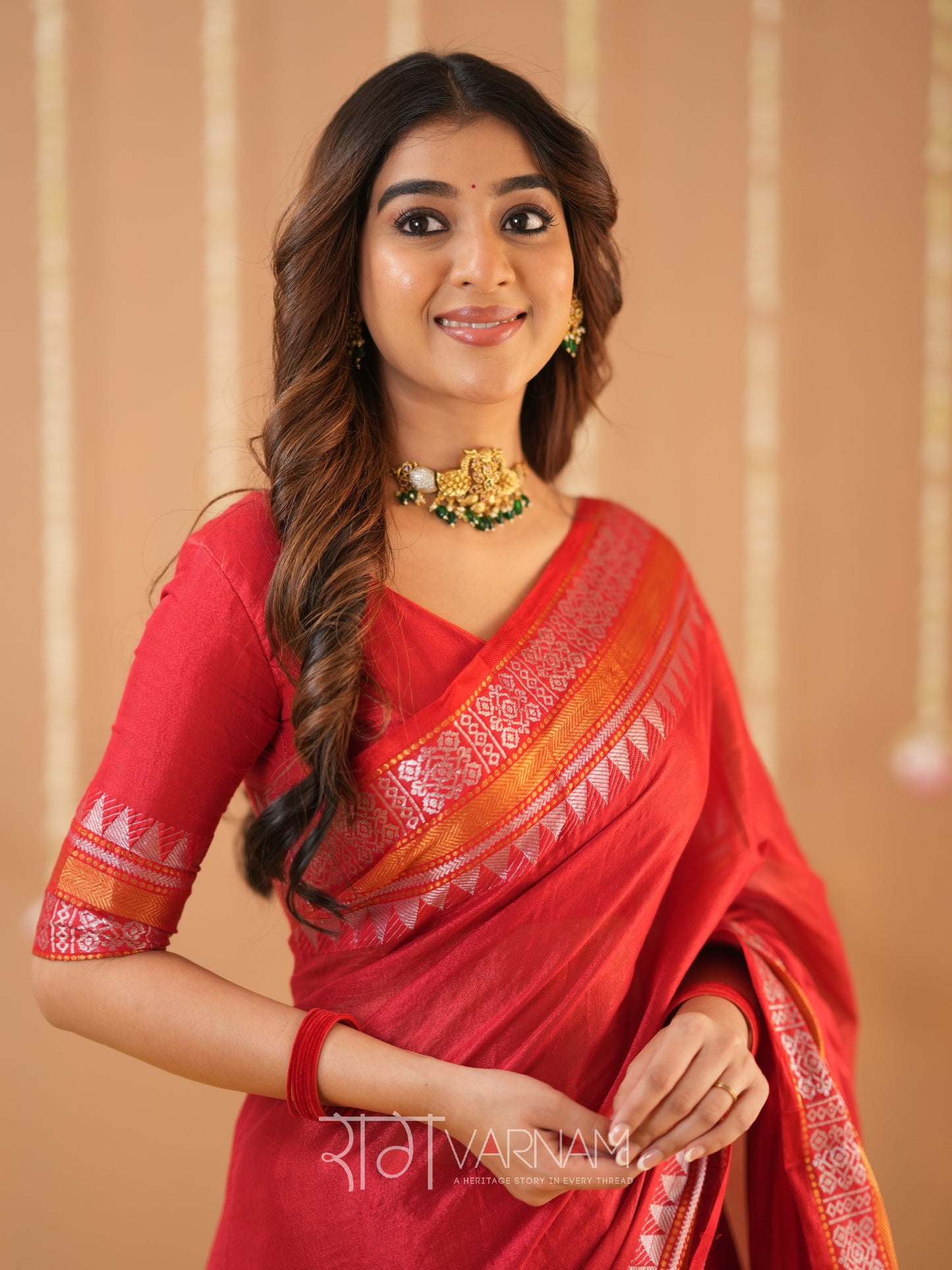 Raag Varnam Red Handloom Tissue Saree With Designer Blouse