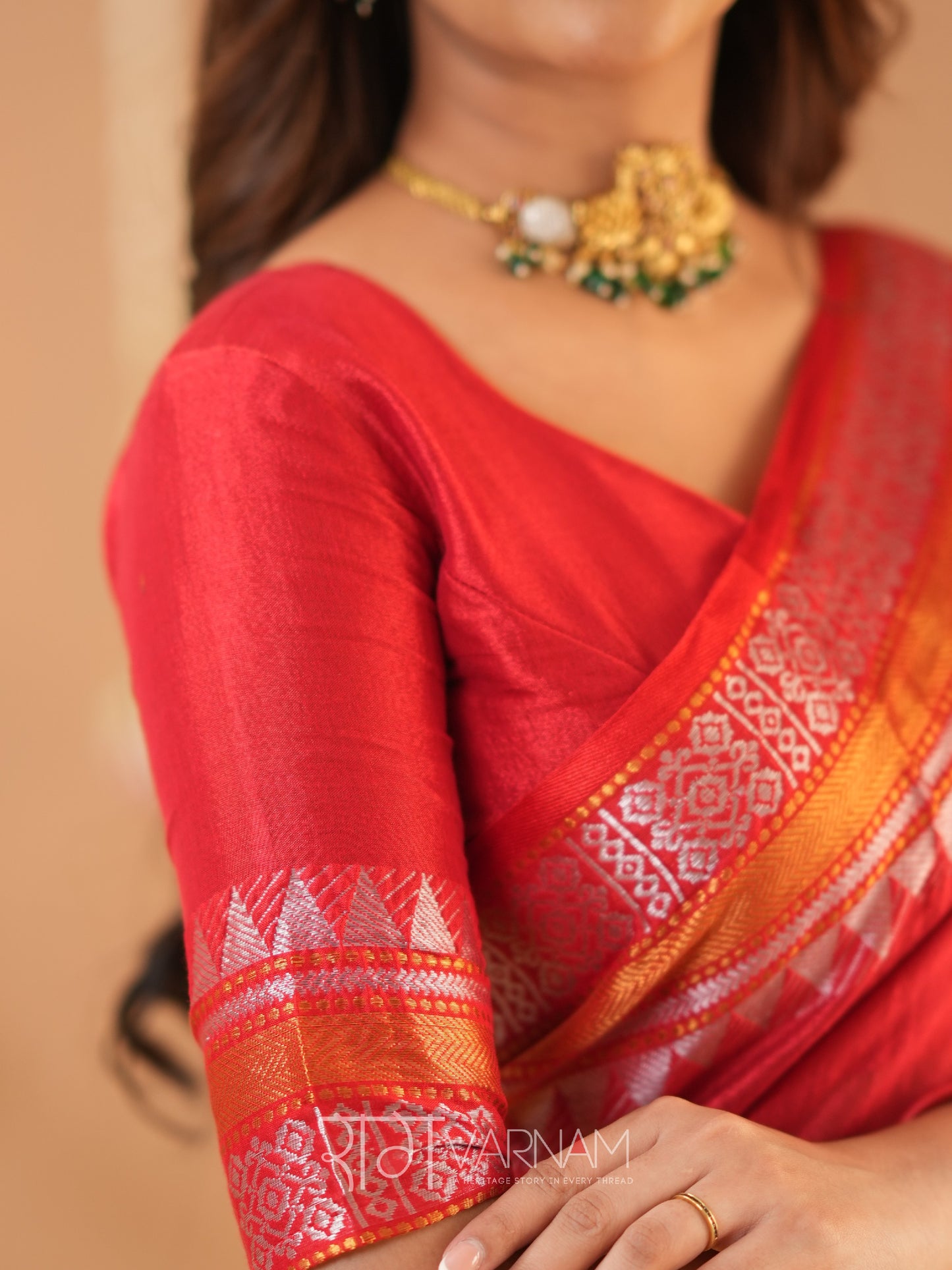 Raag Varnam Red Handloom Tissue Saree With Designer Blouse