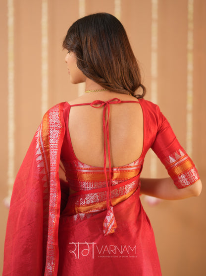 Raag Varnam Red Handloom Tissue Saree With Designer Blouse