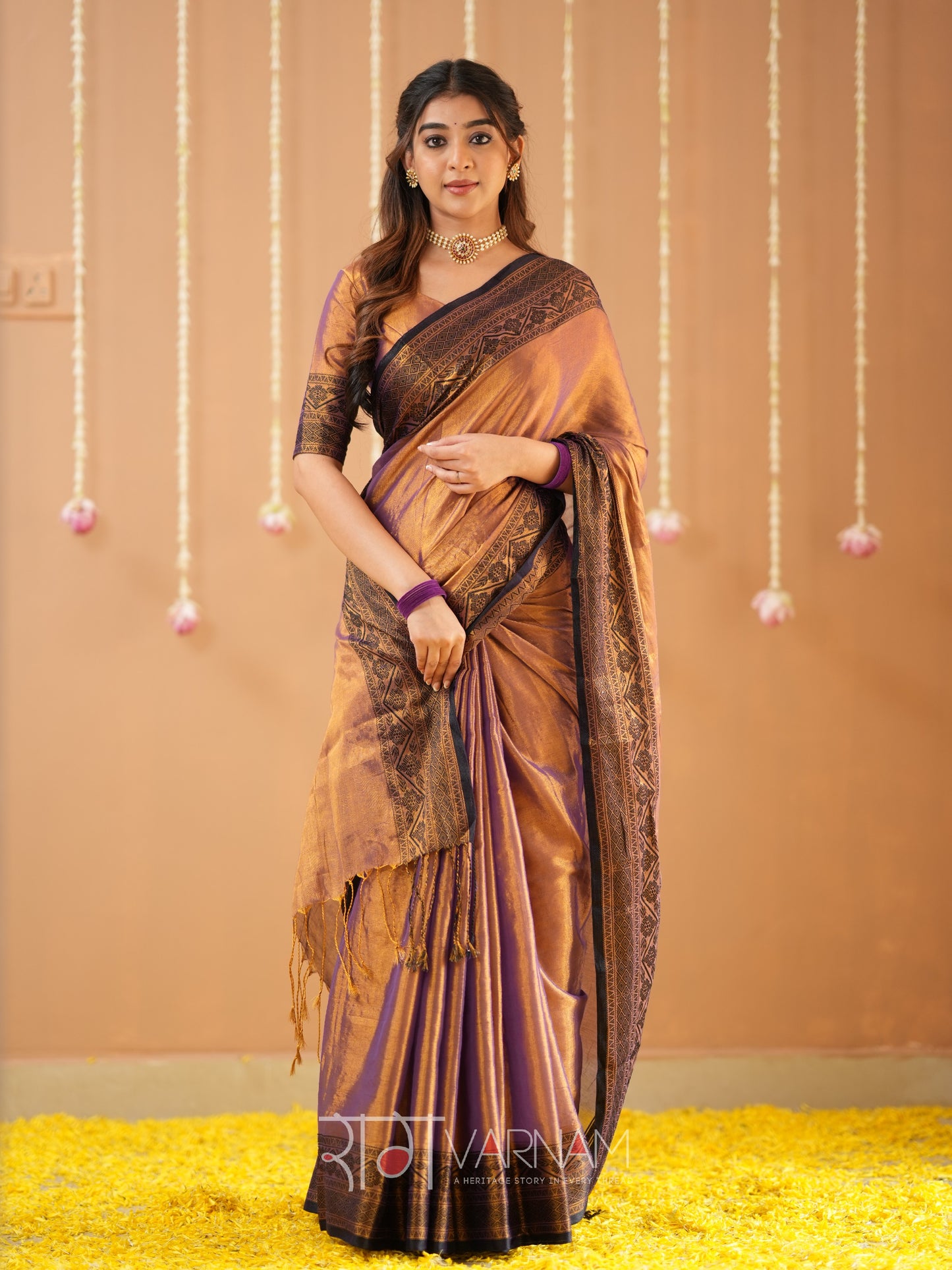 Raag Varnam Copper Handloom Tissue Saree With Designer Blouse