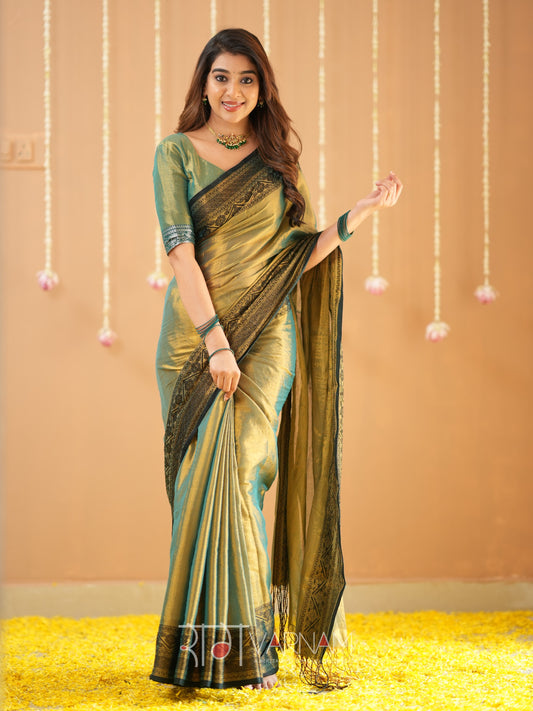 Raag Varnam Green Handloom Tissue Saree With Designer Blouse