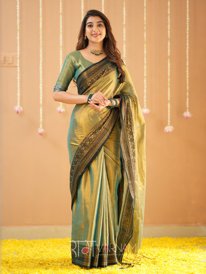 Raag Varnam Green Handloom Tissue Saree With Designer Blouse