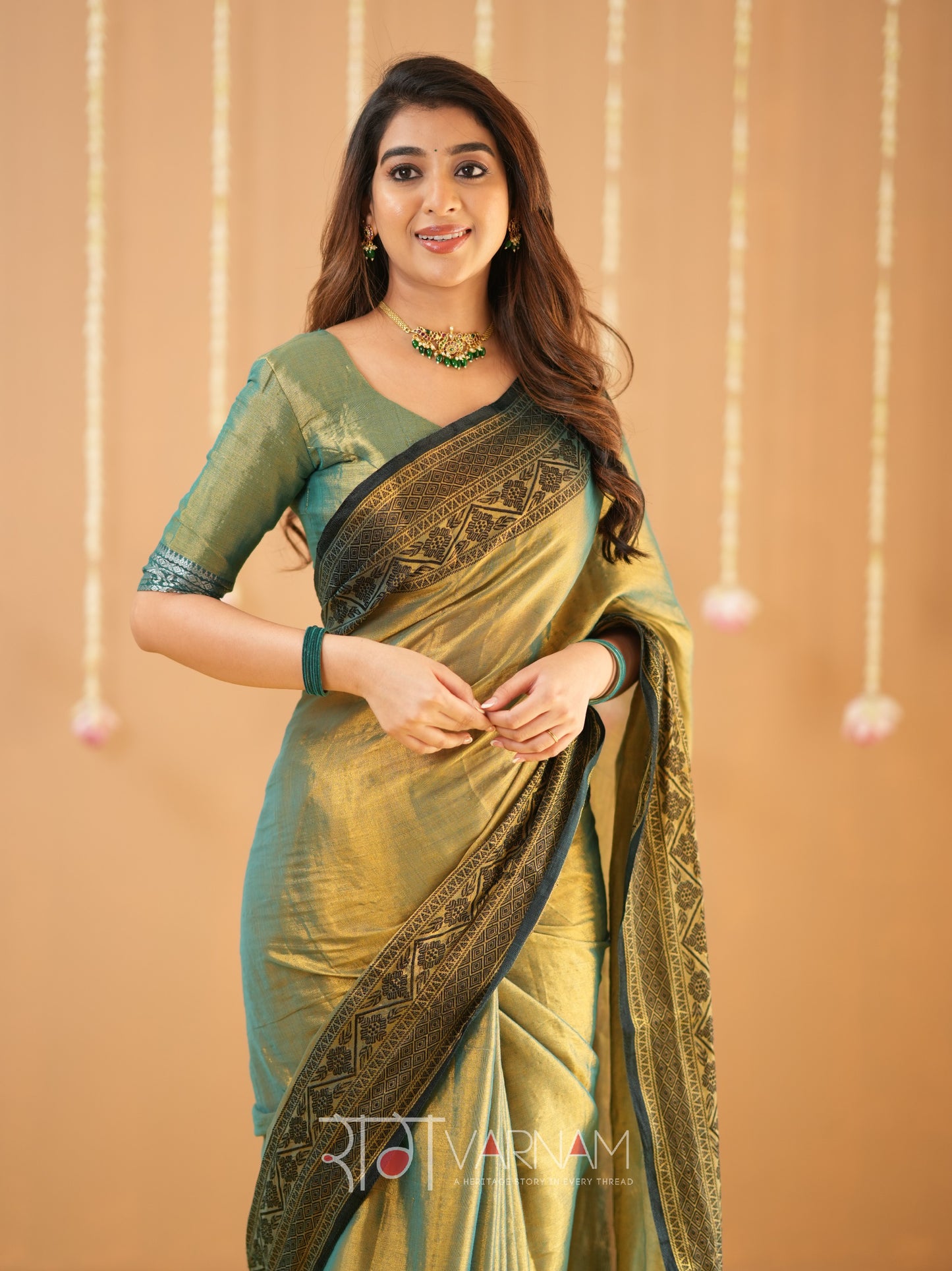Raag Varnam Green Handloom Tissue Saree With Designer Blouse
