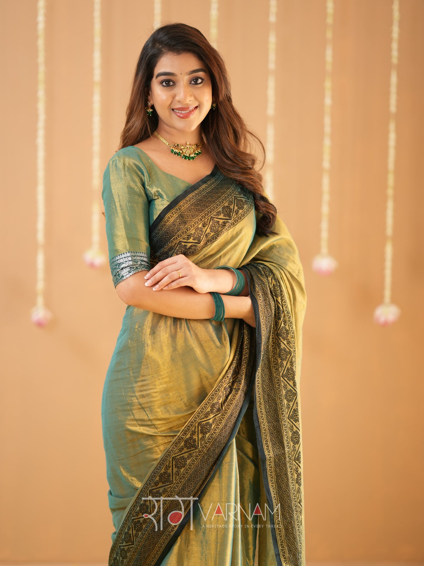 Raag Varnam Green Handloom Tissue Saree With Designer Blouse