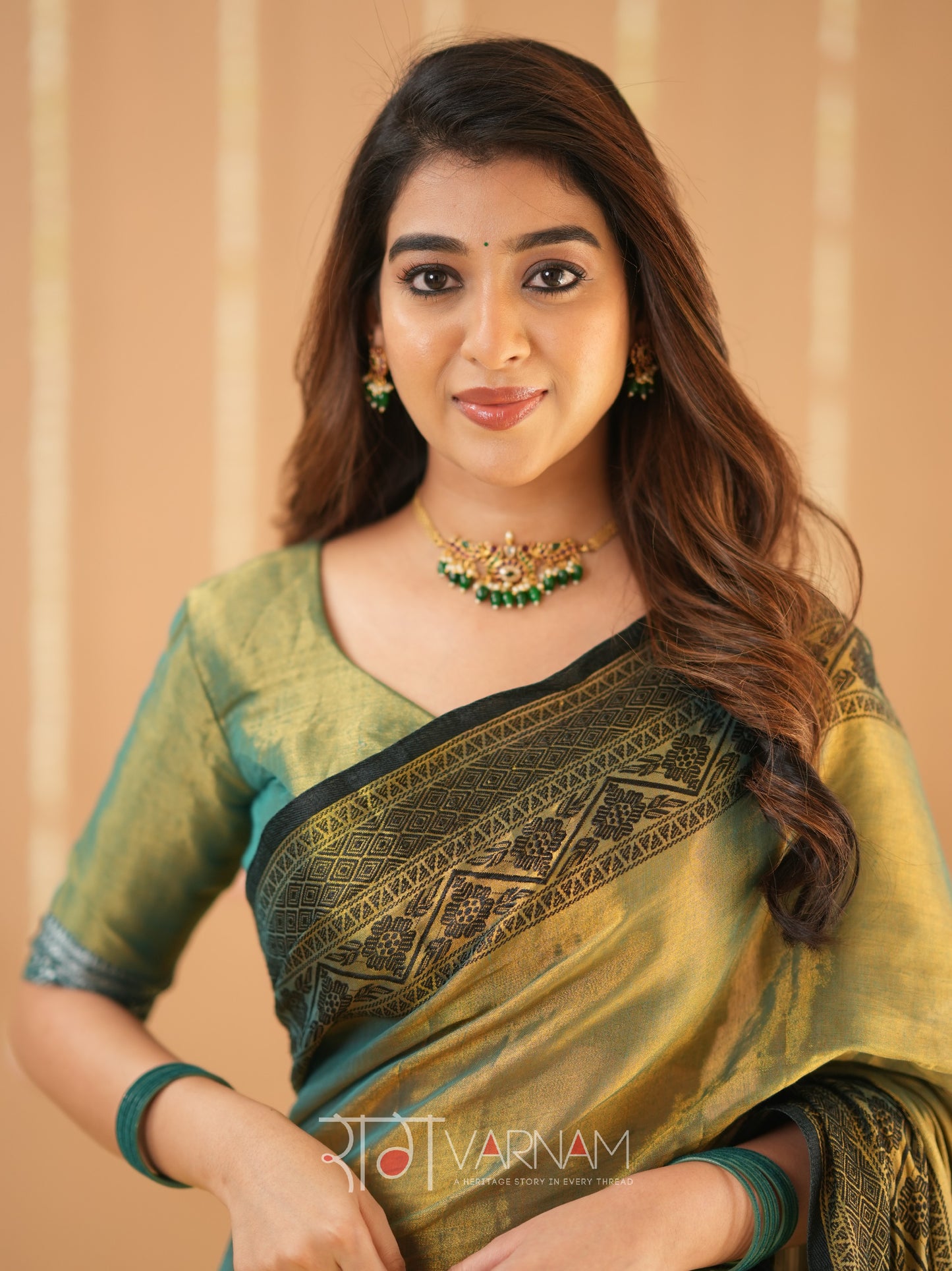 Raag Varnam Green Handloom Tissue Saree With Designer Blouse