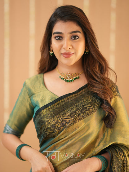 Raag Varnam Green Handloom Tissue Saree With Designer Blouse