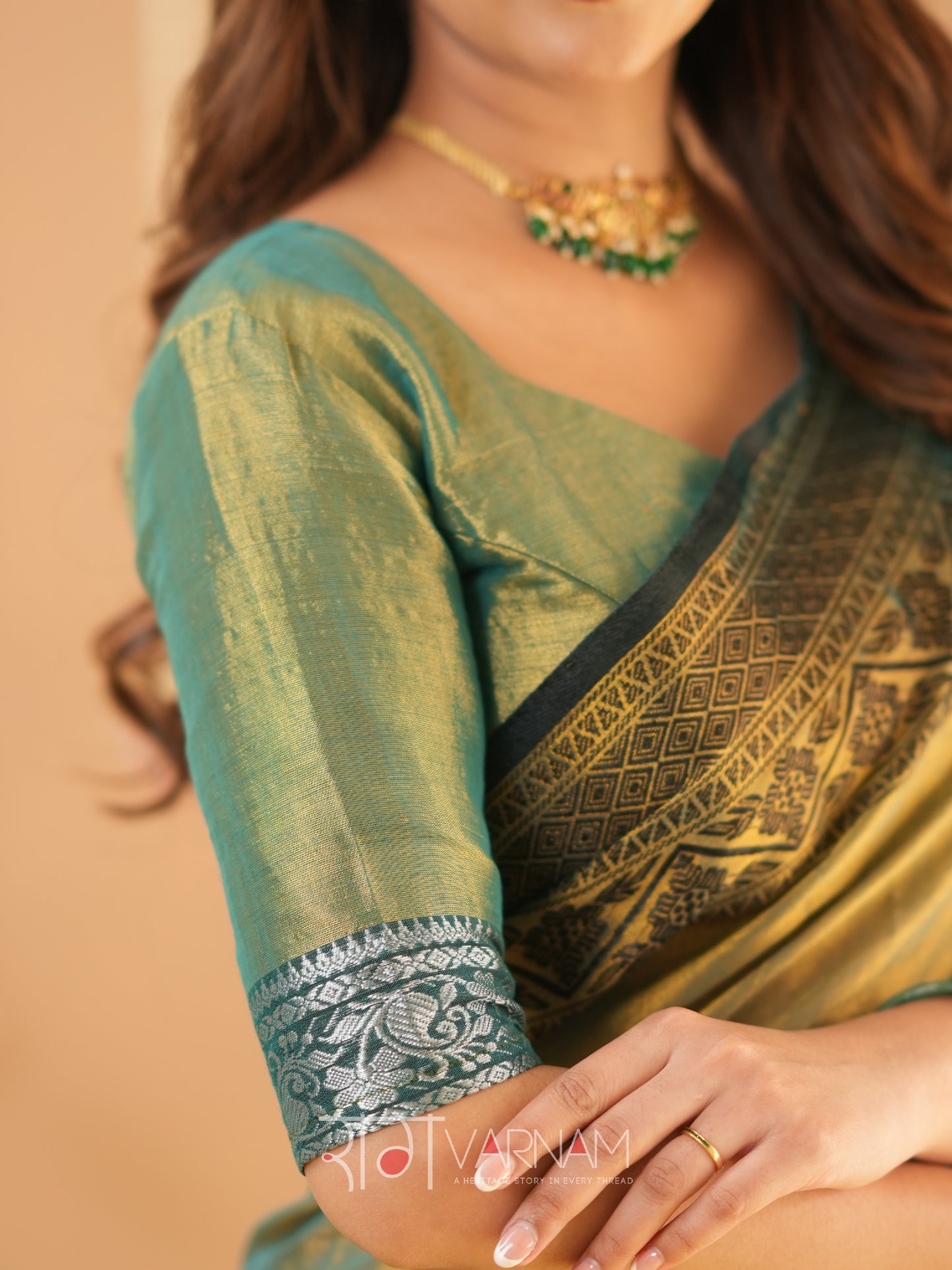 Raag Varnam Green Handloom Tissue Saree With Designer Blouse