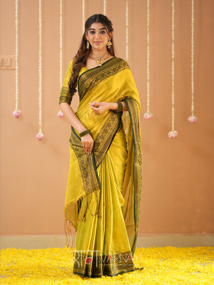Raag Varnam Yellow Handloom Tissue Saree With Designer Blouse