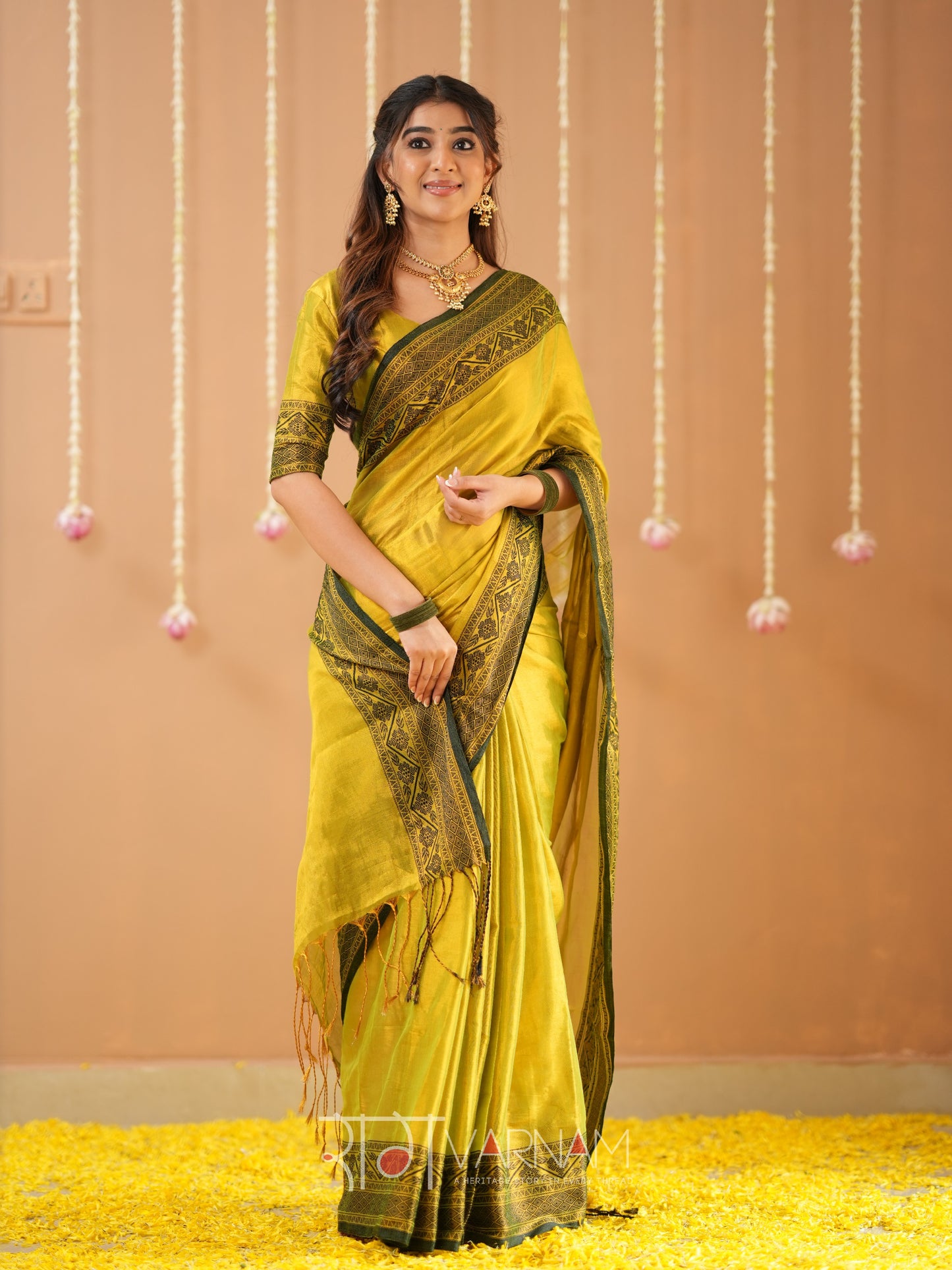 Raag Varnam Yellow Handloom Tissue Saree With Designer Blouse