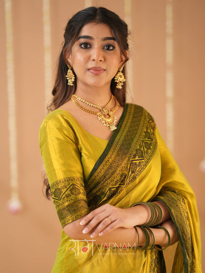 Raag Varnam Yellow Handloom Tissue Saree With Designer Blouse
