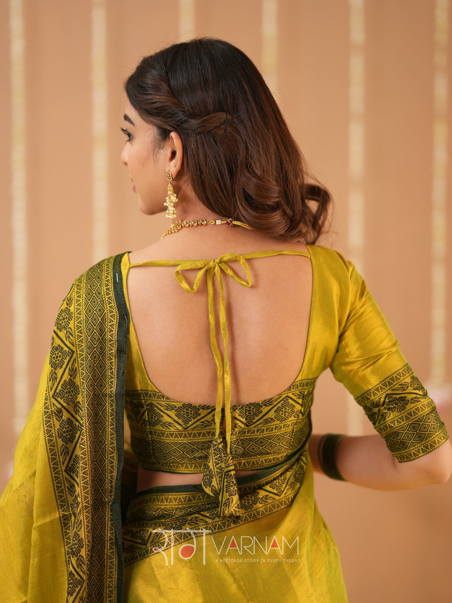 Raag Varnam Yellow Handloom Tissue Saree With Designer Blouse