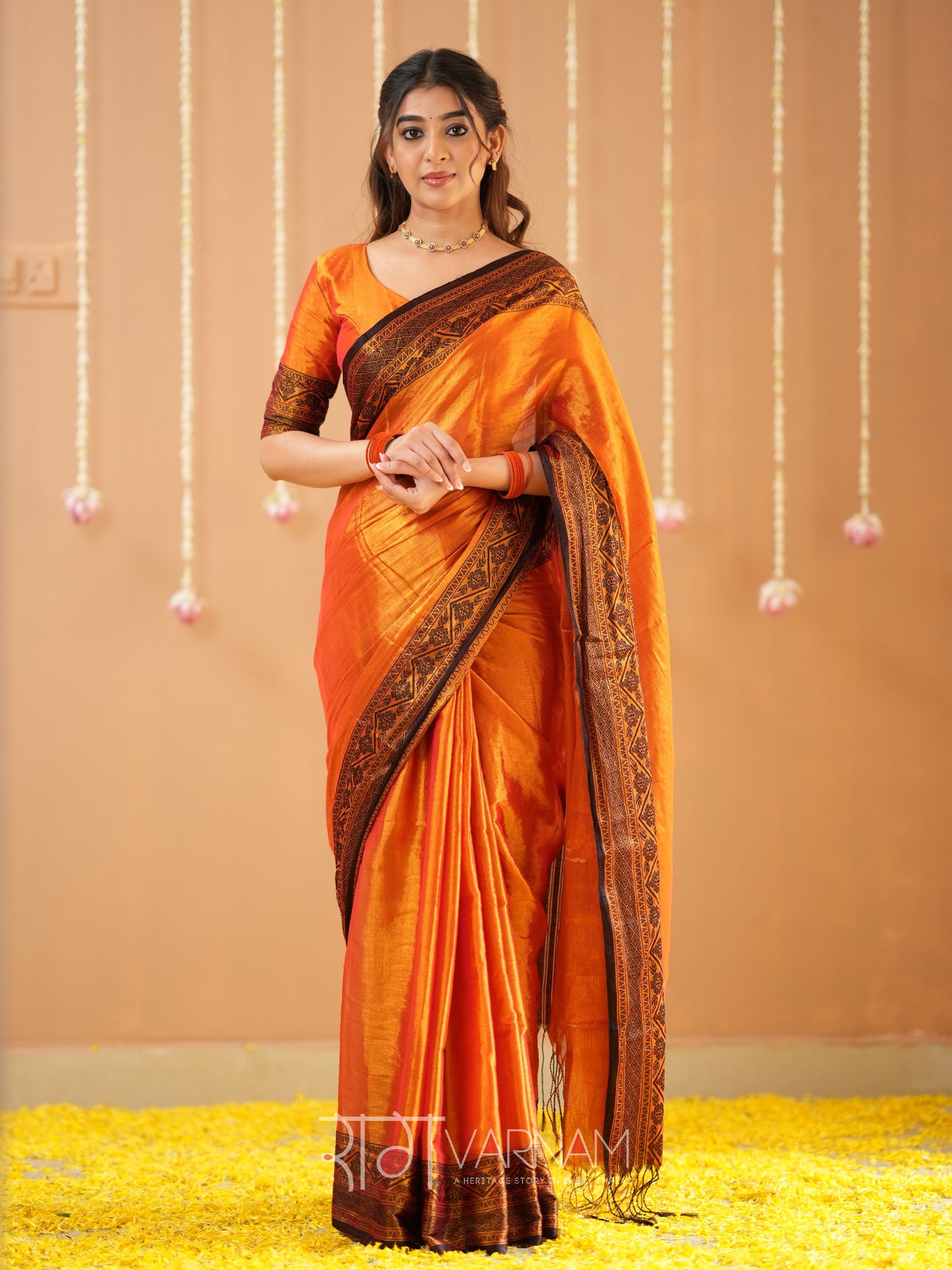 Raag Varnam Orange Handloom Tissue Saree With Designer Blouse